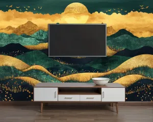 Wall Sticker/Wallpaper Mountain Night Light Green Mountains Golden Sunset Hills Ranges Silk Wall Mural, Not Peel and Stick Wall Paper Decorative for Living Room Bedroom 120x96inch