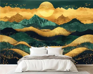 Wall Sticker/Wallpaper Mountain Night Light Green Mountains Golden Sunset Hills Ranges Silk Wall Mural, Not Peel and Stick Wall Paper Decorative for Living Room Bedroom 149x96inch