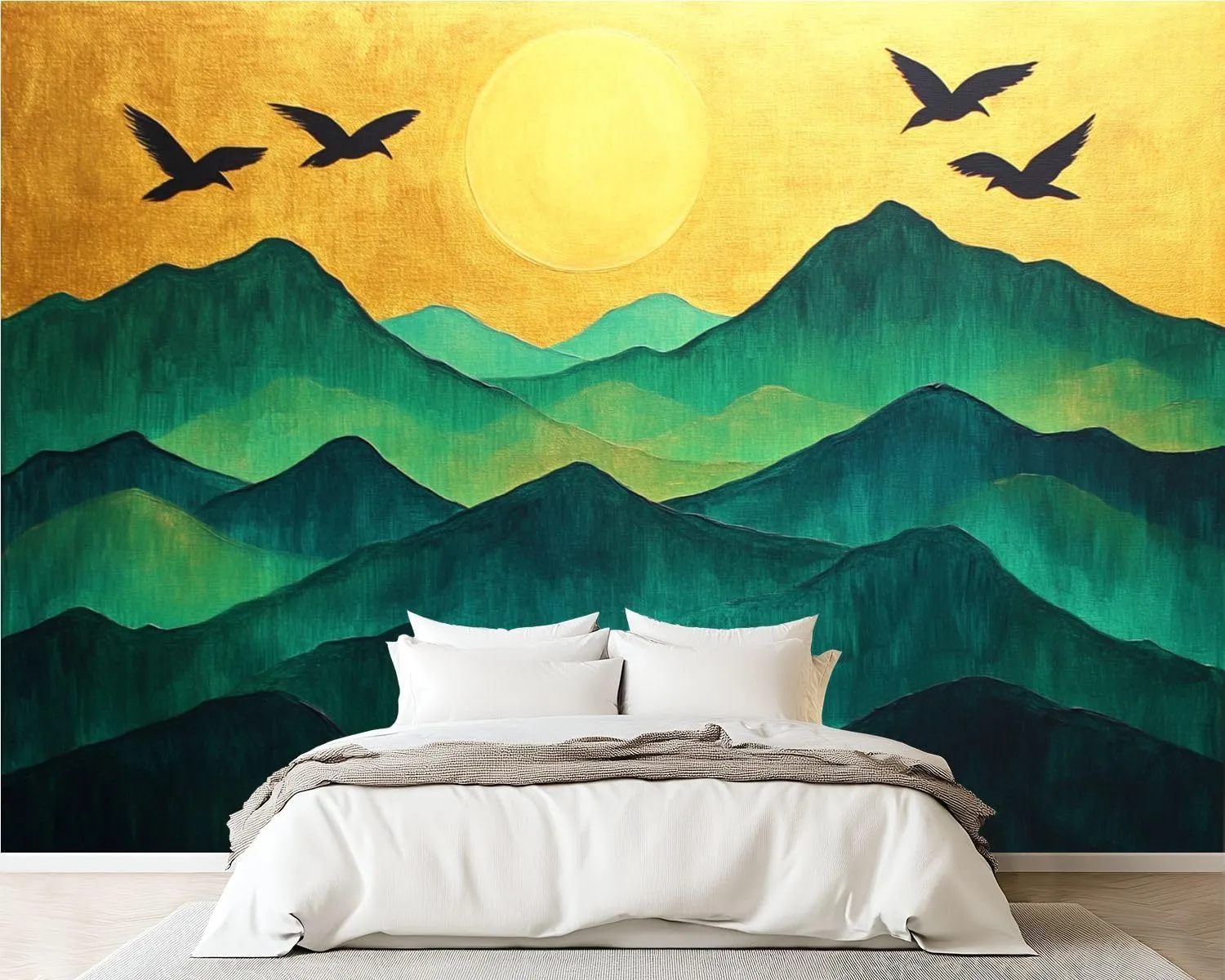 Wall Sticker/Wallpaper Mountain Night Light Green Mountains Golden Sunset Ranges Rising Sun Silk Wall Mural, Not Peel and Stick Wall Paper Decorative for Living Room Bedroom 149x96inch