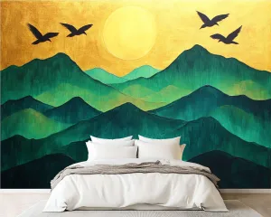 Wall Sticker/Wallpaper Mountain Night Light Green Mountains Golden Sunset Ranges Rising Sun Silk Wall Mural, Not Peel and Stick Wall Paper Decorative for Living Room Bedroom 149x96inch