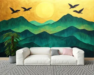 Wall Sticker/Wallpaper Mountain Night Light Green Mountains Golden Sunset Ranges Rising Sun Silk Wall Mural, Not Peel and Stick Wall Paper Decorative for Living Room Bedroom 172x120inch