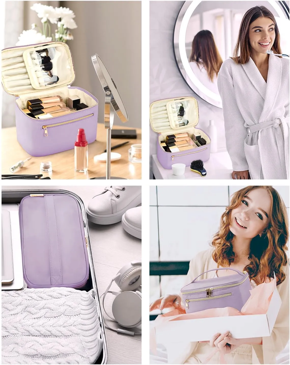 Wandering Nature Large Makeup Bag, Travel Make Up Organizer Cosmetic Brush Bags Case for Women in Fabric,Purple,Patent Pending