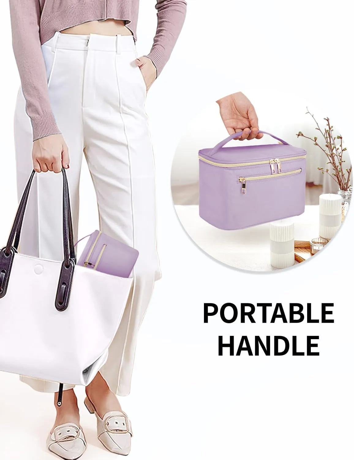 Wandering Nature Large Makeup Bag, Travel Make Up Organizer Cosmetic Brush Bags Case for Women in Fabric,Purple,Patent Pending