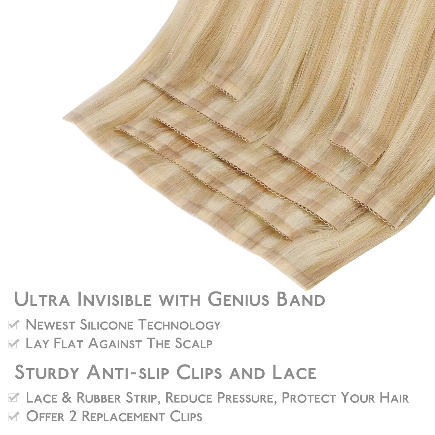 WENNALIFE Genius Seamless Clip in Hair Extensions Human Hair 7pcs Ultra Invisible 50% Thinner Seamless Hair Extensions Clip In Light Blonde Highlighted Golden Blonde Real Human Hair