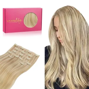 WENNALIFE Genius Seamless Clip in Hair Extensions Human Hair 7pcs Ultra Invisible 50% Thinner Seamless Hair Extensions Clip In Light Blonde Highlighted Golden Blonde Real Human Hair