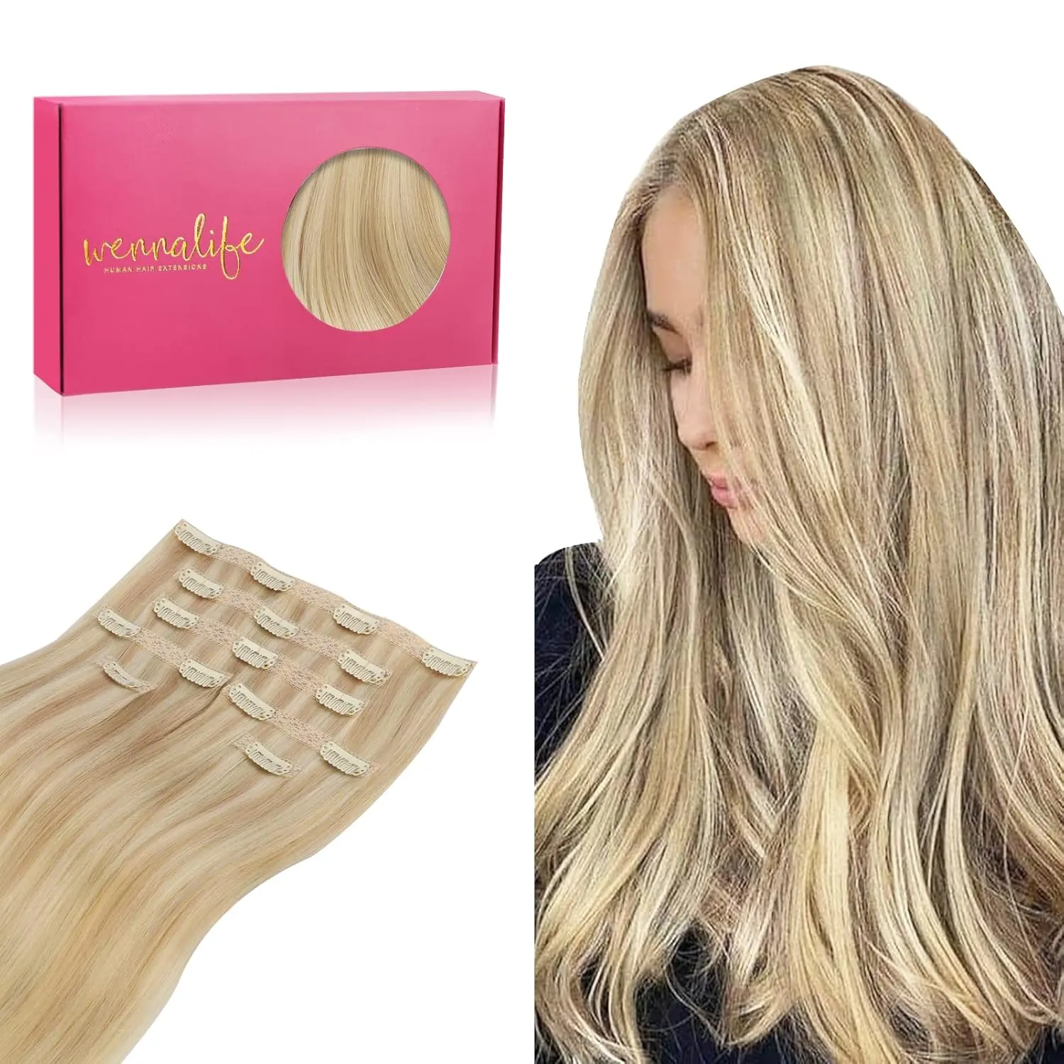 WENNALIFE Genius Seamless Clip in Hair Extensions Human Hair 7pcs Ultra Invisible 50% Thinner Seamless Hair Extensions Clip In Light Blonde Highlighted Golden Blonde Real Human Hair