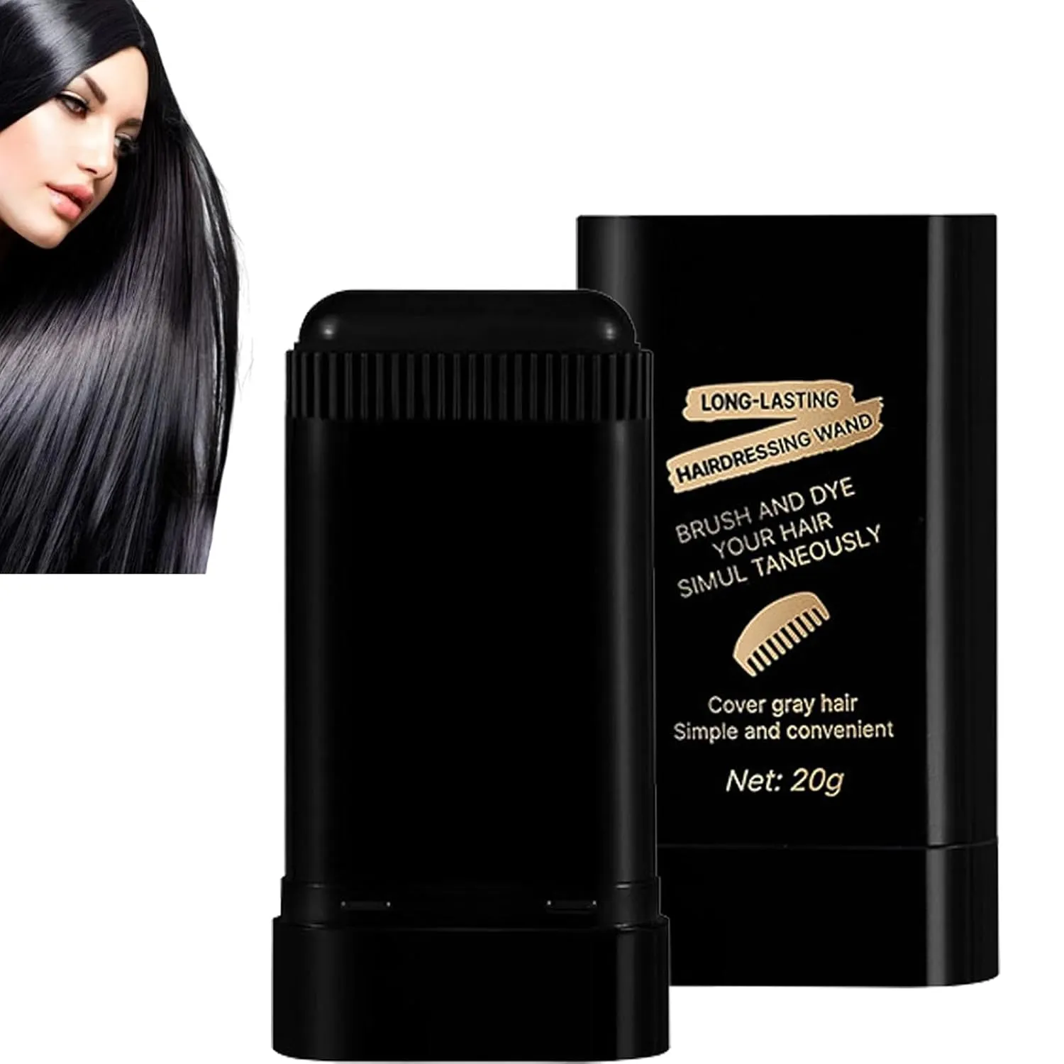 White Hair Concealer Stick, Carylook Hair Color Stick, Waterproof and Sweat-Proof Hairdyestick, With Comb, 2-in-1 Hairdye Combstick, Portable Haircolor Touch-Up Stickwith Comb (Black)