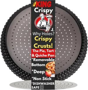 Why Holes: For The Crispiest Crusts. King Crispy's Deep Pie, Tart & Quiche Pan. A Non-Stick, Removable Bottom, Dishwasher Safe, Perforated Pie Pan Baking Plate Dish. (9 inch x 2 Deep)