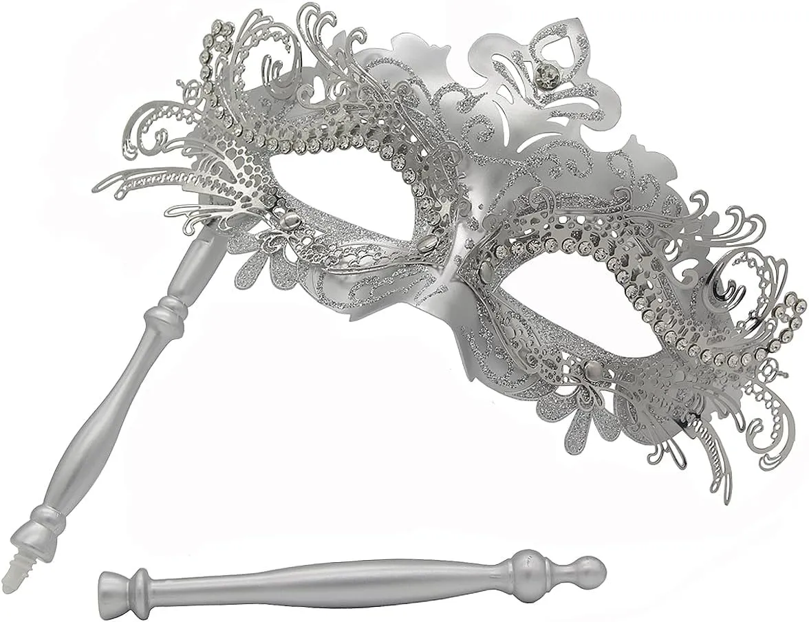 WILOVCOS Womens Masquerade Mask with Stick, Handheld Mardi Gras Mask,Venetian Party Masks