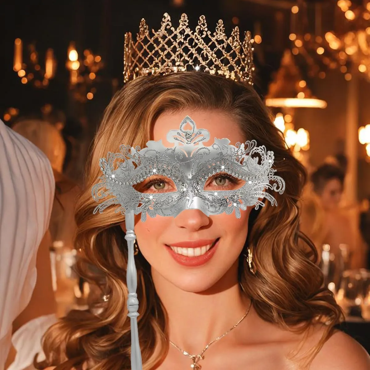 WILOVCOS Womens Masquerade Mask with Stick, Handheld Mardi Gras Mask,Venetian Party Masks
