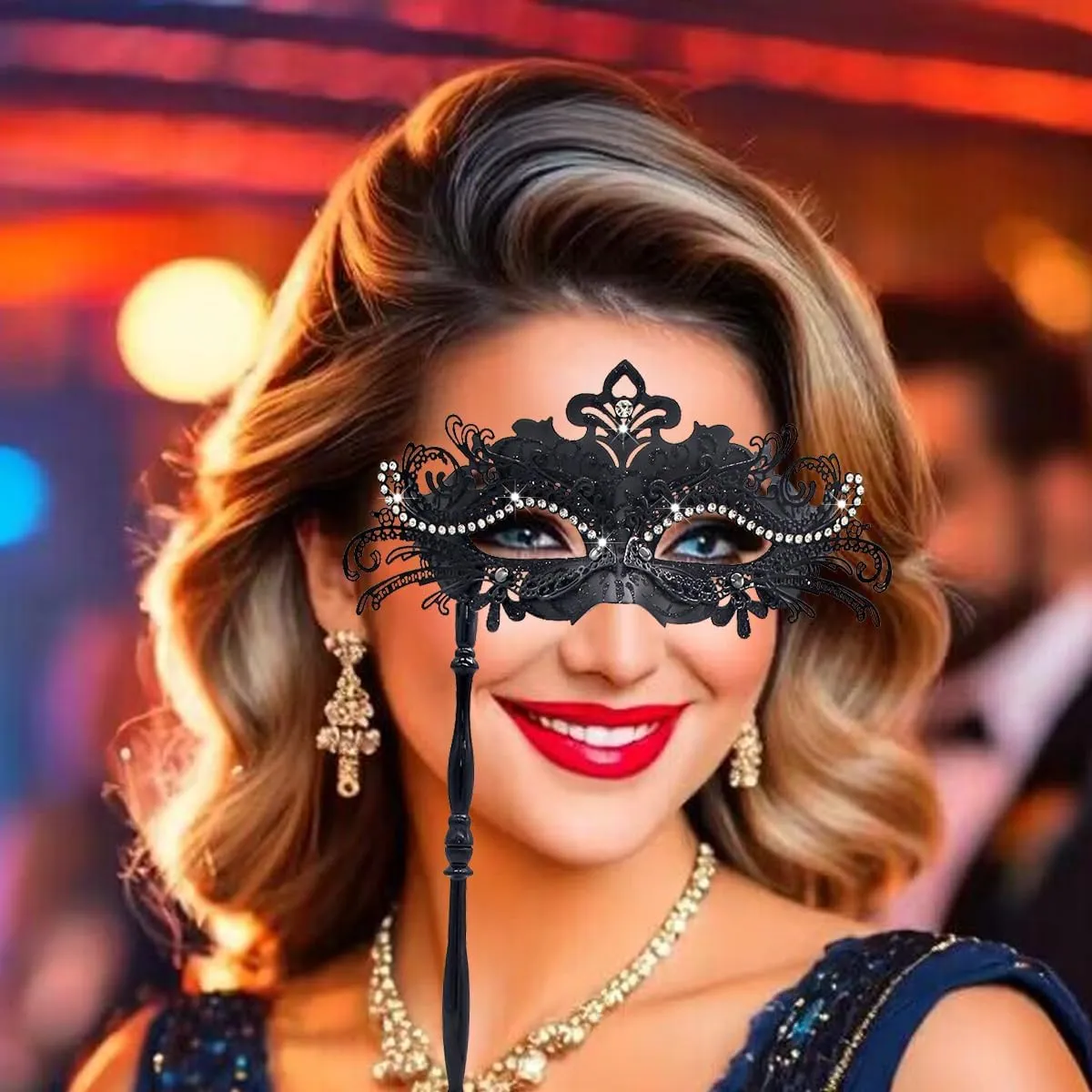 WILOVCOS Womens Masquerade Mask with Stick, Handheld Mardi Gras Mask,Venetian Party Masks