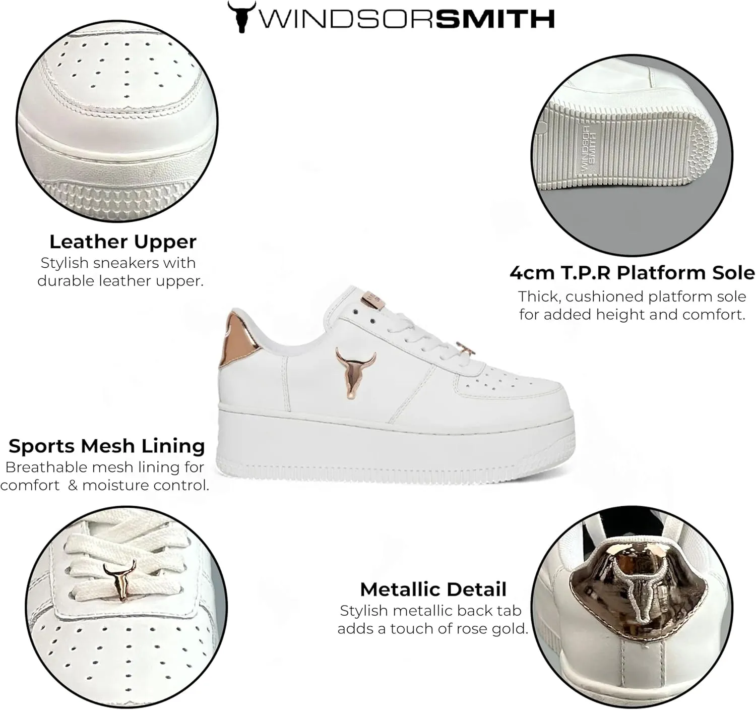 Windsorsmith Womens White Chunky Leather Platform Trainers Sneakers - Rich