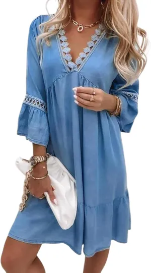 Women 2025 Summer Fresh Blue Deep V Neck Bell 3/4 Sleeve Hollow Out Print Ruffle Loose Casual Beach Mini Dress