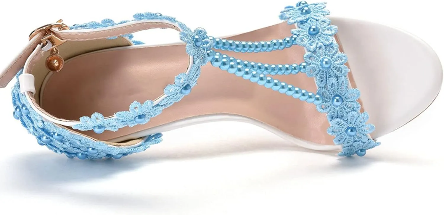 Womens Beaded High Heels 9cm Stiletto Lace Crystal Wedding Shoes Open Toe Rhinestones Bridal Shoes Sandals Ankle Strap Bridesmaid Court Pumps Shoes Prom Evening Party