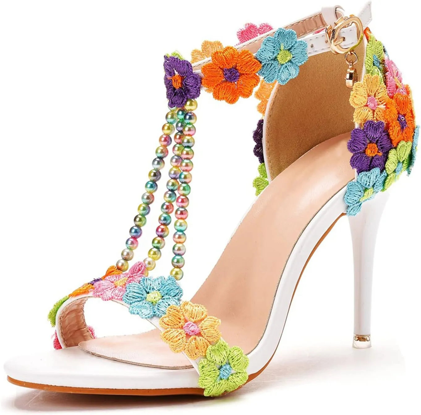 Womens Beaded High Heels 9cm Stiletto Lace Crystal Wedding Shoes Open Toe Rhinestones Bridal Shoes Sandals Ankle Strap Bridesmaid Court Pumps Shoes Prom Evening Party