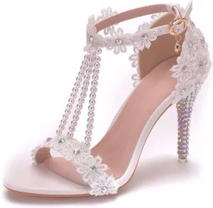 Womens Beaded High Heels 9cm Stiletto Lace Crystal Wedding Shoes Open Toe Rhinestones Bridal Shoes Sandals Ankle Strap Bridesmaid Court Pumps Shoes Prom Evening Party