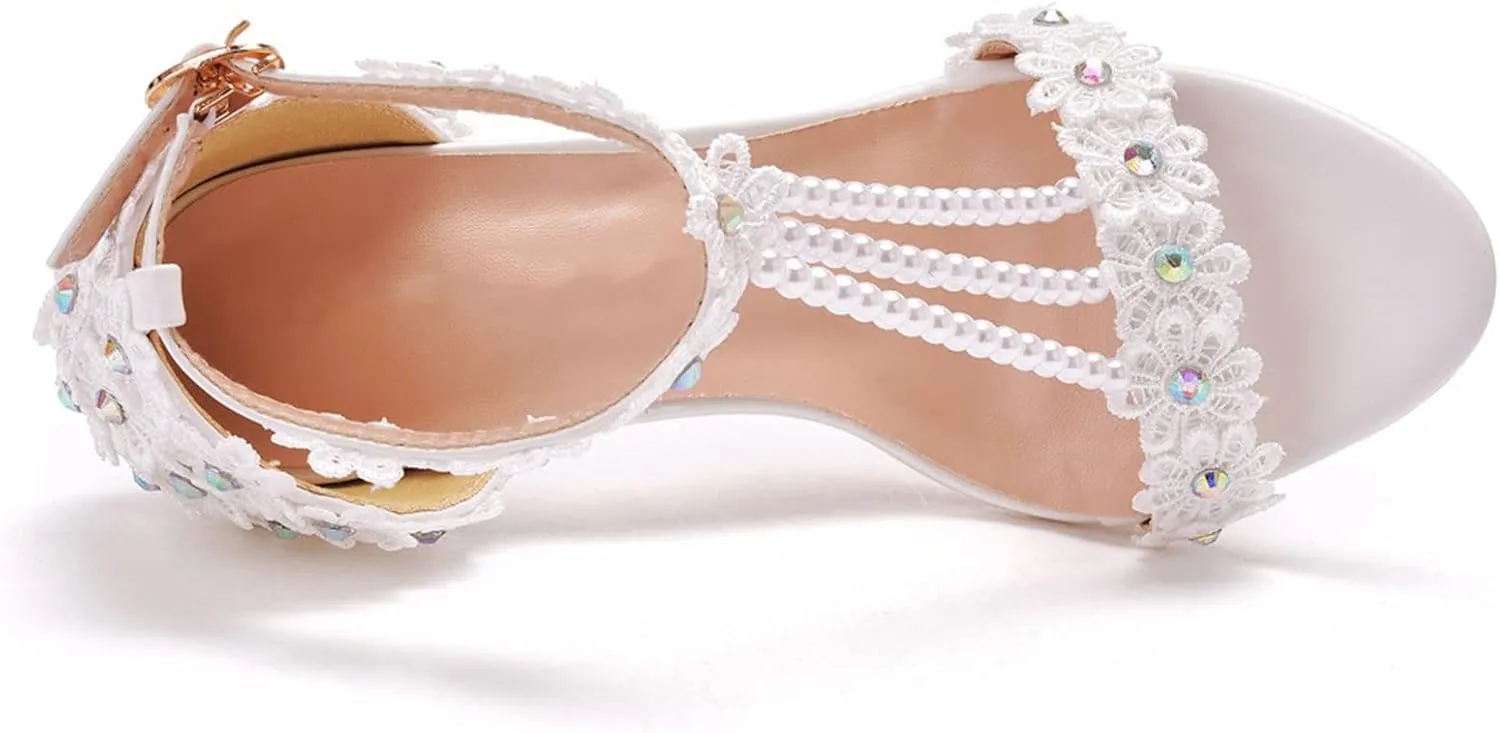 Womens Beaded High Heels 9cm Stiletto Lace Crystal Wedding Shoes Open Toe Rhinestones Bridal Shoes Sandals Ankle Strap Bridesmaid Court Pumps Shoes Prom Evening Party