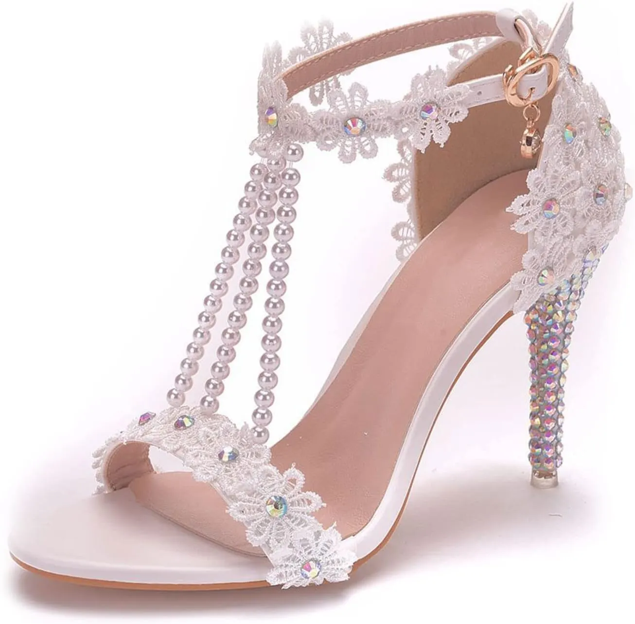 Womens Beaded High Heels 9cm Stiletto Lace Crystal Wedding Shoes Open Toe Rhinestones Bridal Shoes Sandals Ankle Strap Bridesmaid Court Pumps Shoes Prom Evening Party