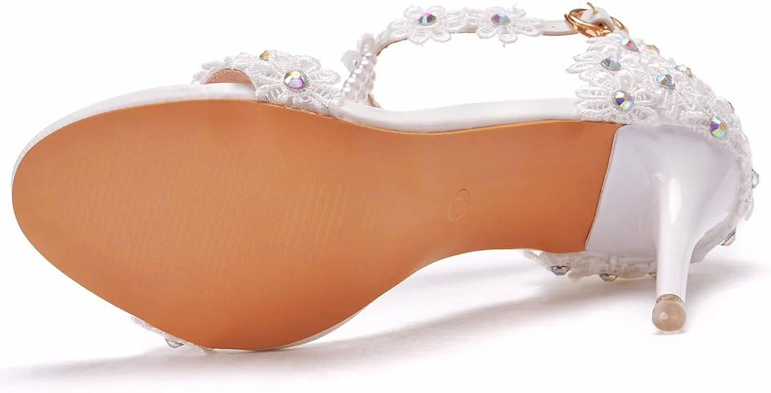 Womens Beaded High Heels 9cm Stiletto Lace Crystal Wedding Shoes Open Toe Rhinestones Bridal Shoes Sandals Ankle Strap Bridesmaid Court Pumps Shoes Prom Evening Party