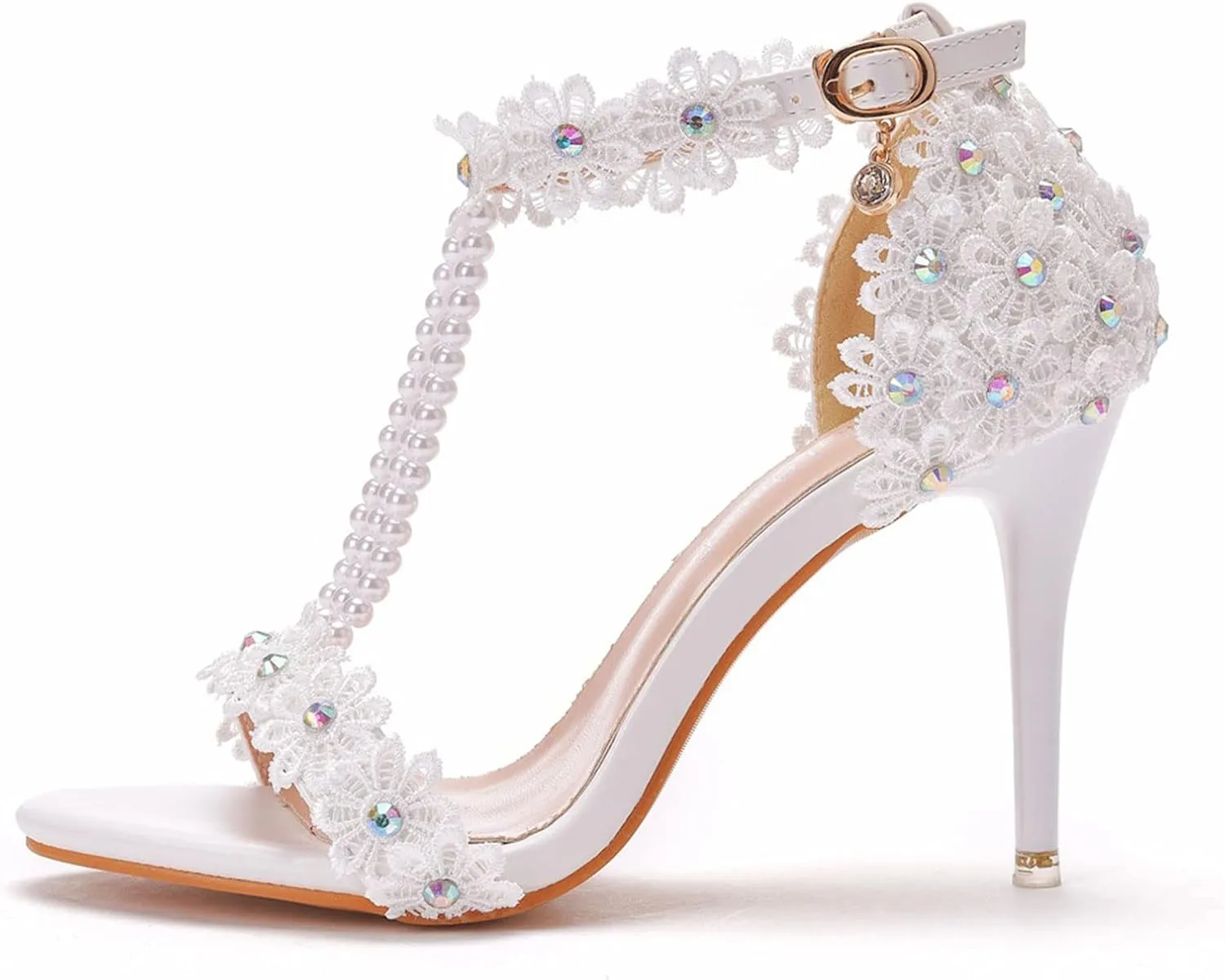 Womens Beaded High Heels 9cm Stiletto Lace Crystal Wedding Shoes Open Toe Rhinestones Bridal Shoes Sandals Ankle Strap Bridesmaid Court Pumps Shoes Prom Evening Party