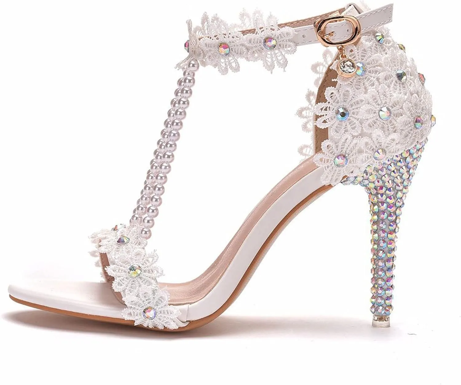 Womens Beaded High Heels 9cm Stiletto Lace Crystal Wedding Shoes Open Toe Rhinestones Bridal Shoes Sandals Ankle Strap Bridesmaid Court Pumps Shoes Prom Evening Party