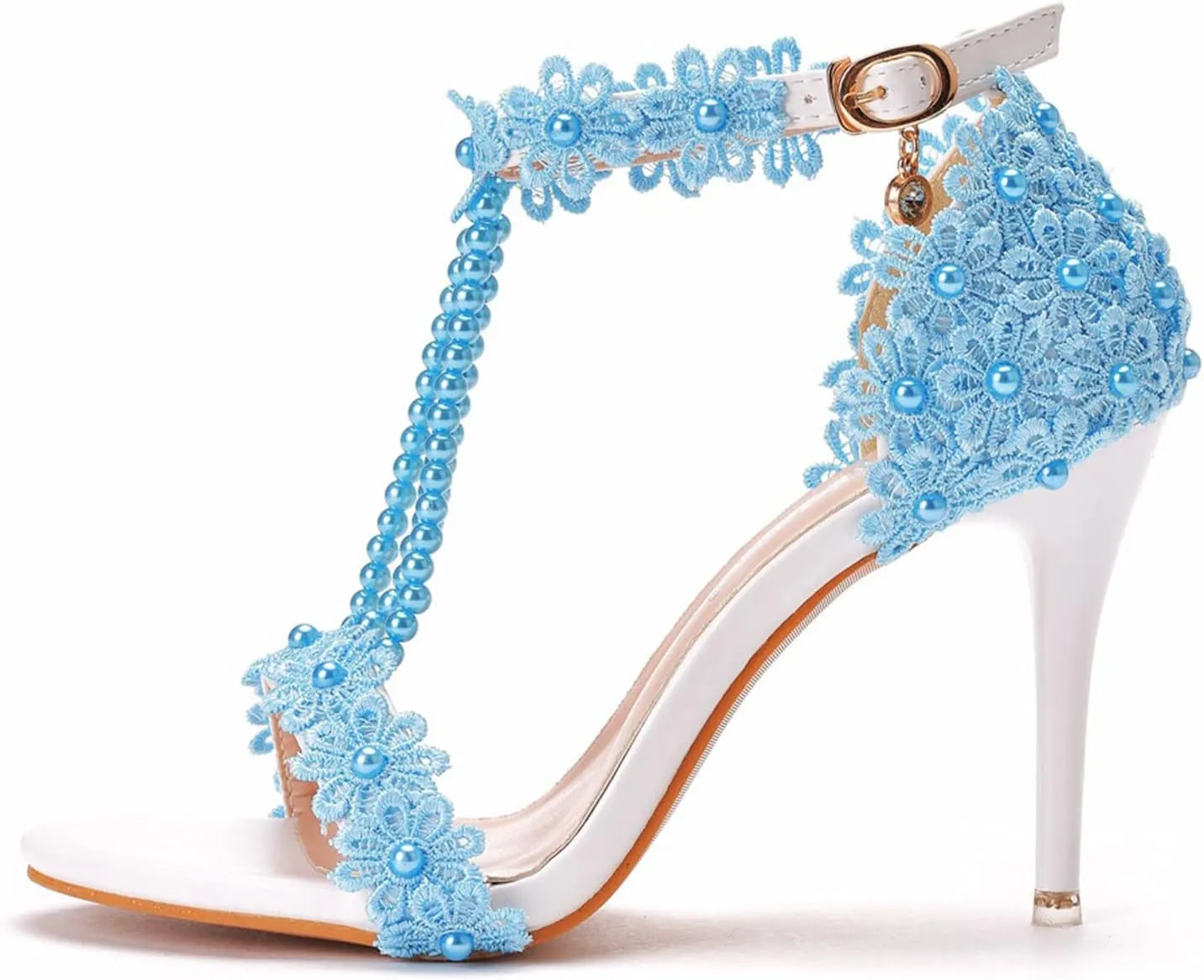 Womens Beaded High Heels 9cm Stiletto Lace Crystal Wedding Shoes Open Toe Rhinestones Bridal Shoes Sandals Ankle Strap Bridesmaid Court Pumps Shoes Prom Evening Party