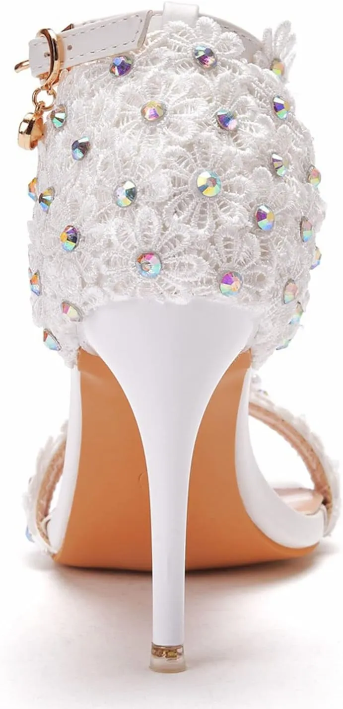 Womens Beaded High Heels 9cm Stiletto Lace Crystal Wedding Shoes Open Toe Rhinestones Bridal Shoes Sandals Ankle Strap Bridesmaid Court Pumps Shoes Prom Evening Party