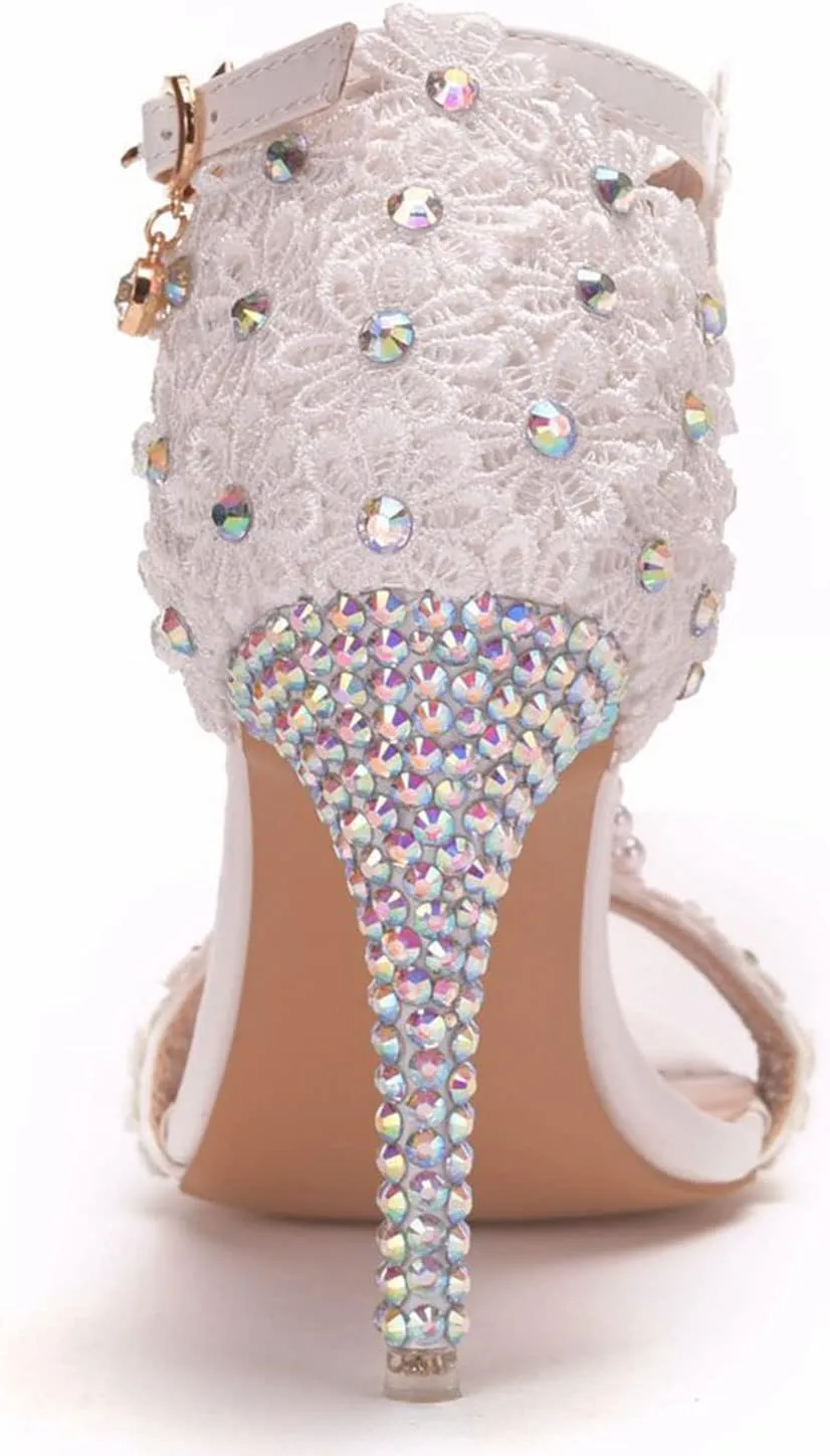 Womens Beaded High Heels 9cm Stiletto Lace Crystal Wedding Shoes Open Toe Rhinestones Bridal Shoes Sandals Ankle Strap Bridesmaid Court Pumps Shoes Prom Evening Party