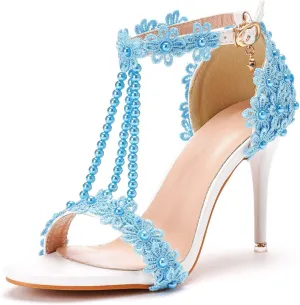 Womens Beaded High Heels 9cm Stiletto Lace Crystal Wedding Shoes Open Toe Rhinestones Bridal Shoes Sandals Ankle Strap Bridesmaid Court Pumps Shoes Prom Evening Party