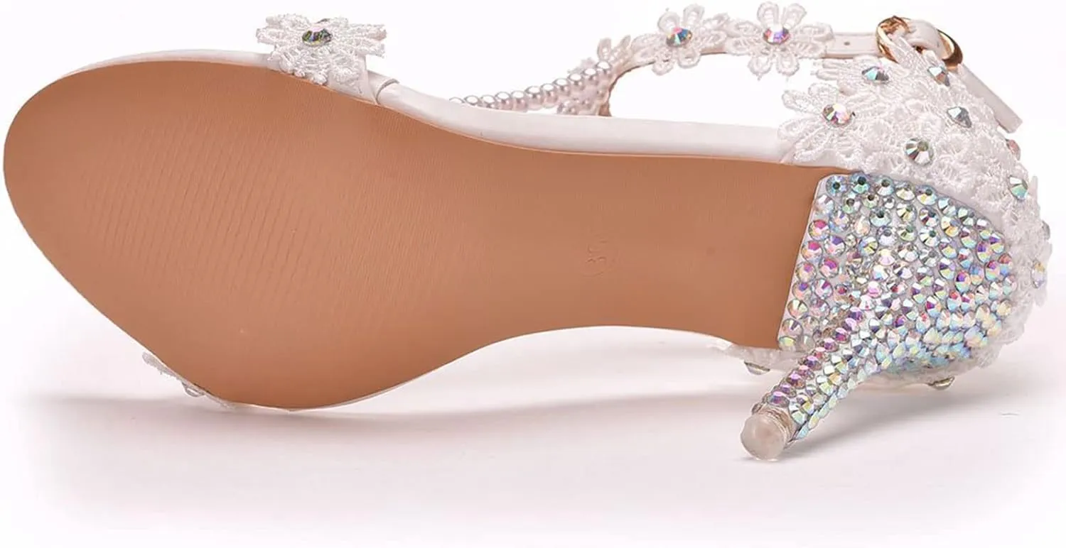 Womens Beaded High Heels 9cm Stiletto Lace Crystal Wedding Shoes Open Toe Rhinestones Bridal Shoes Sandals Ankle Strap Bridesmaid Court Pumps Shoes Prom Evening Party
