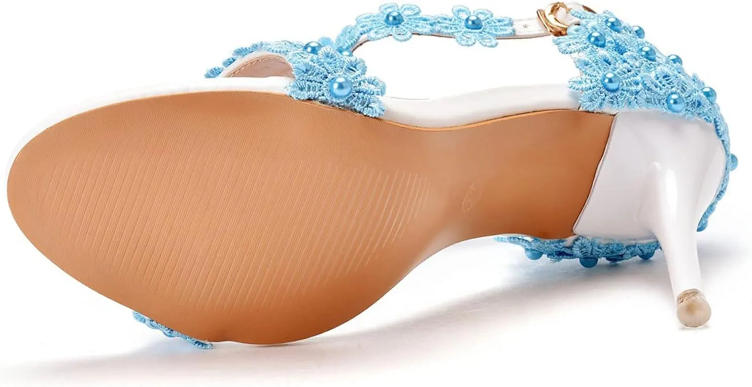 Womens Beaded High Heels 9cm Stiletto Lace Crystal Wedding Shoes Open Toe Rhinestones Bridal Shoes Sandals Ankle Strap Bridesmaid Court Pumps Shoes Prom Evening Party