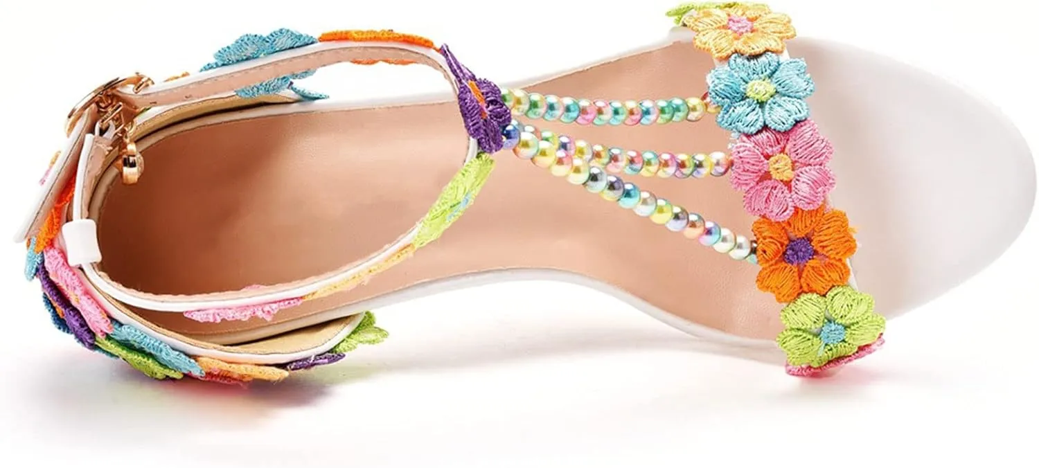 Womens Beaded High Heels 9cm Stiletto Lace Crystal Wedding Shoes Open Toe Rhinestones Bridal Shoes Sandals Ankle Strap Bridesmaid Court Pumps Shoes Prom Evening Party