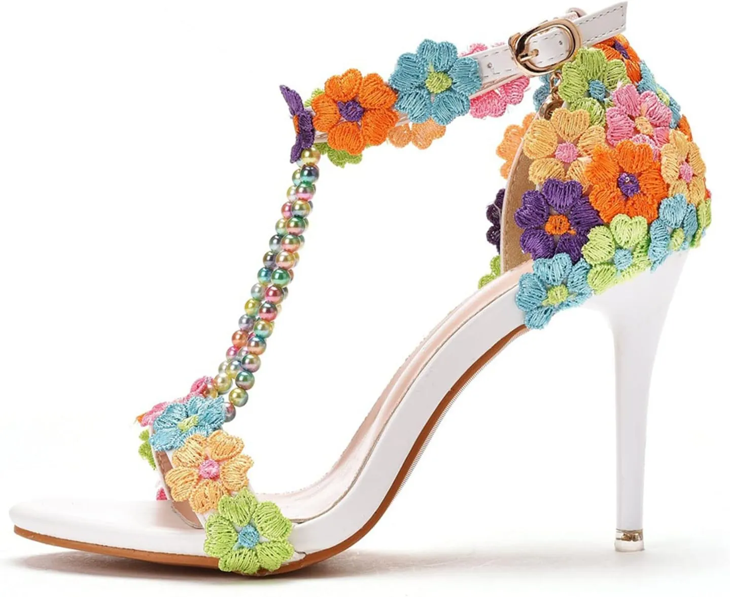Womens Beaded High Heels 9cm Stiletto Lace Crystal Wedding Shoes Open Toe Rhinestones Bridal Shoes Sandals Ankle Strap Bridesmaid Court Pumps Shoes Prom Evening Party