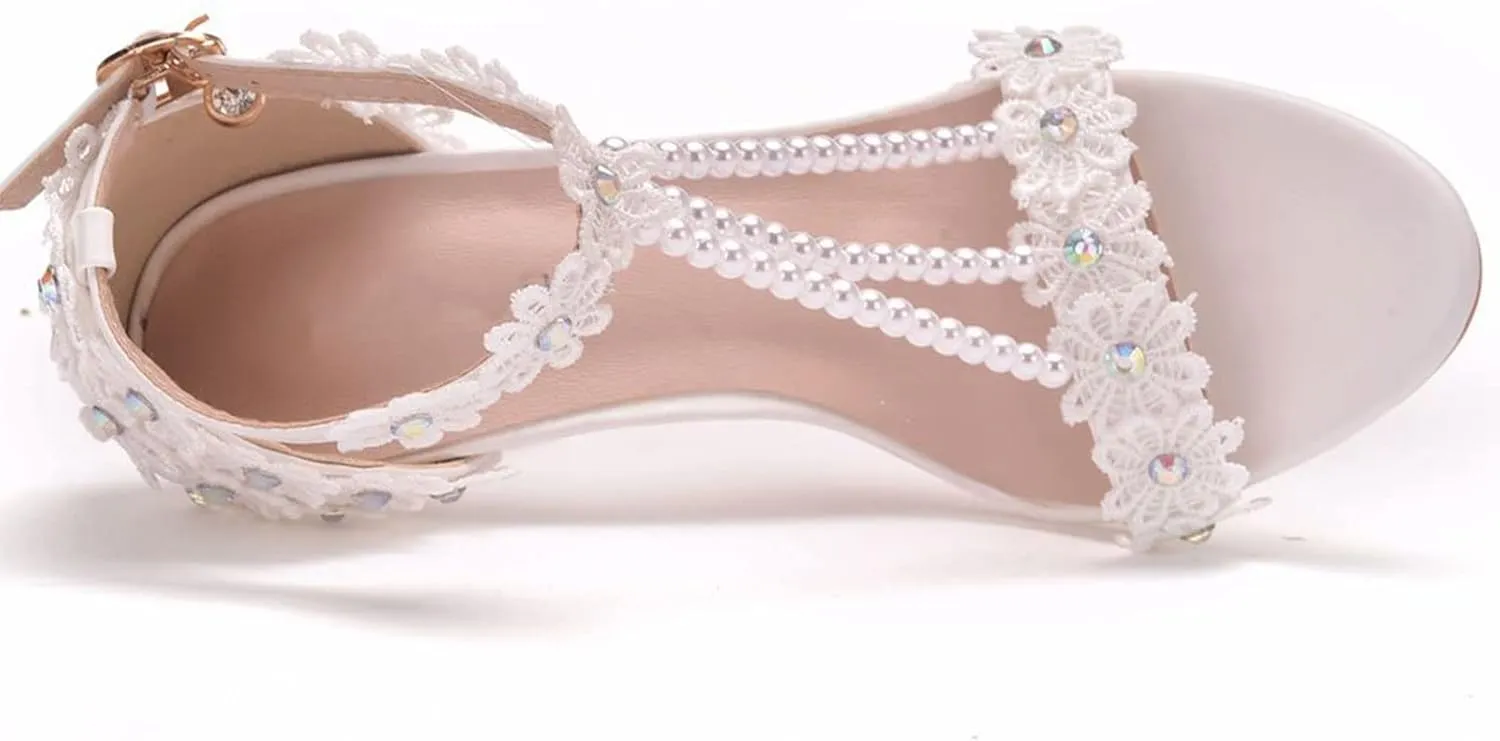 Womens Beaded High Heels 9cm Stiletto Lace Crystal Wedding Shoes Open Toe Rhinestones Bridal Shoes Sandals Ankle Strap Bridesmaid Court Pumps Shoes Prom Evening Party