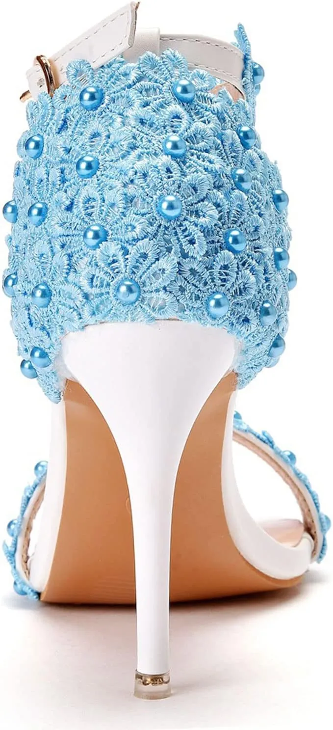 Womens Beaded High Heels 9cm Stiletto Lace Crystal Wedding Shoes Open Toe Rhinestones Bridal Shoes Sandals Ankle Strap Bridesmaid Court Pumps Shoes Prom Evening Party