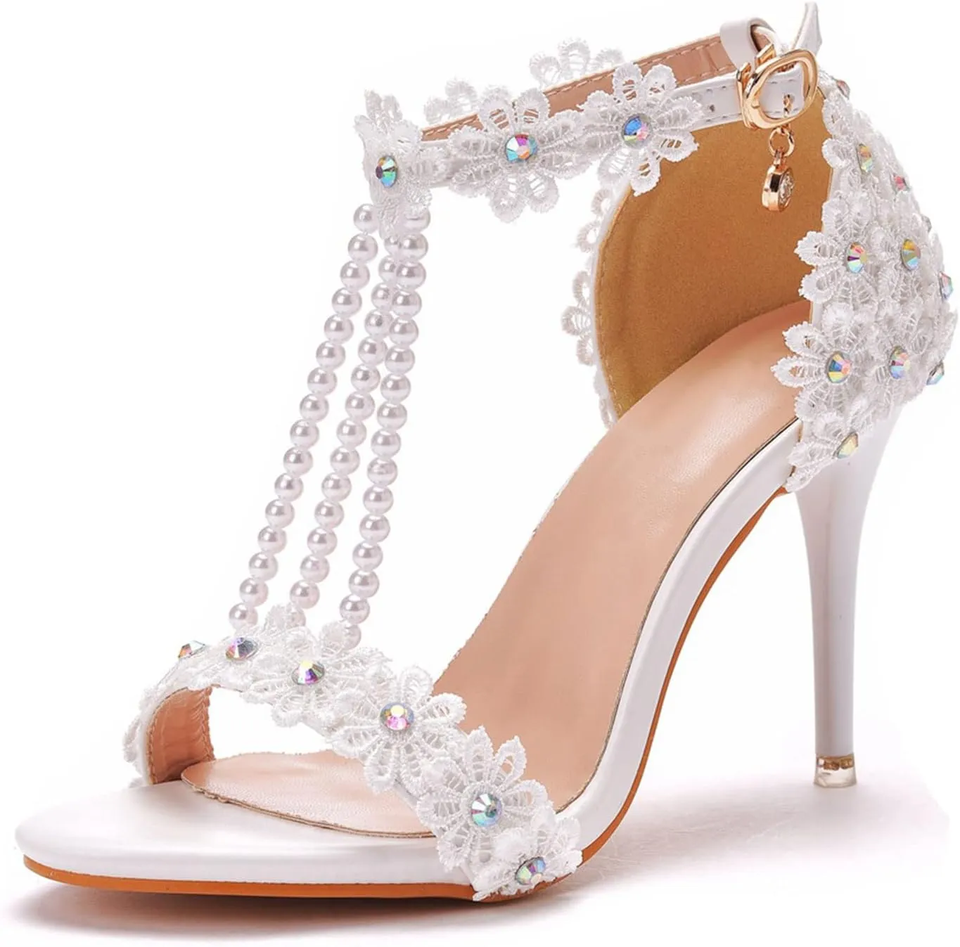 Womens Beaded High Heels 9cm Stiletto Lace Crystal Wedding Shoes Open Toe Rhinestones Bridal Shoes Sandals Ankle Strap Bridesmaid Court Pumps Shoes Prom Evening Party