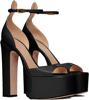 Women's Chunky Heel Sandals - Peep Toe Ankle Strap Western Style Shoes