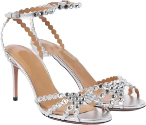 Women's Crystal Leather Sandals - Strappy Thin Heel Runway Dress Shoes