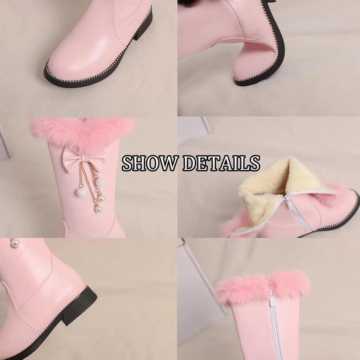 Women's Leather Mid Calf Flat Boots with Cute Bow Pearl Fashionable Side Zipper Winter Fleece Warm Snow Mid Calf Boots Comfortable Round Toe Chunky Heel Non-Slip short Boots