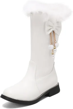 Women's Leather Mid Calf Flat Boots with Cute Bow Pearl Fashionable Side Zipper Winter Fleece Warm Snow Mid Calf Boots Comfortable Round Toe Chunky Heel Non-Slip short Boots