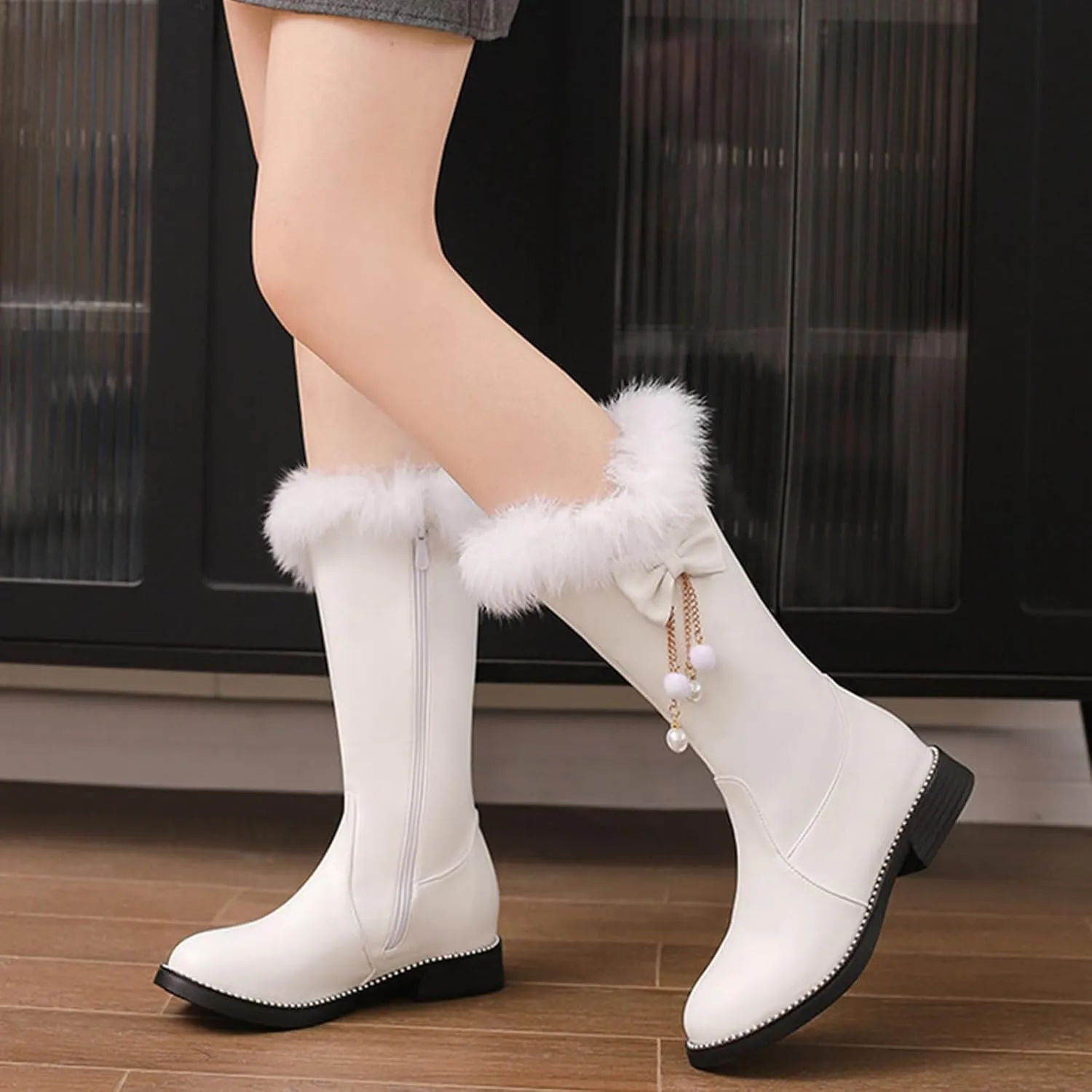 Women's Leather Mid Calf Flat Boots with Cute Bow Pearl Fashionable Side Zipper Winter Fleece Warm Snow Mid Calf Boots Comfortable Round Toe Chunky Heel Non-Slip short Boots