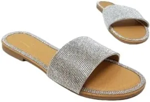 Women's Open Round Toe Glitter Rhinestones Detail flat sandals Honey-62