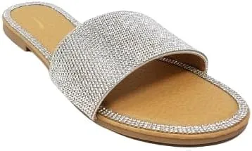 Women's Open Round Toe Glitter Rhinestones Detail flat sandals Honey-62