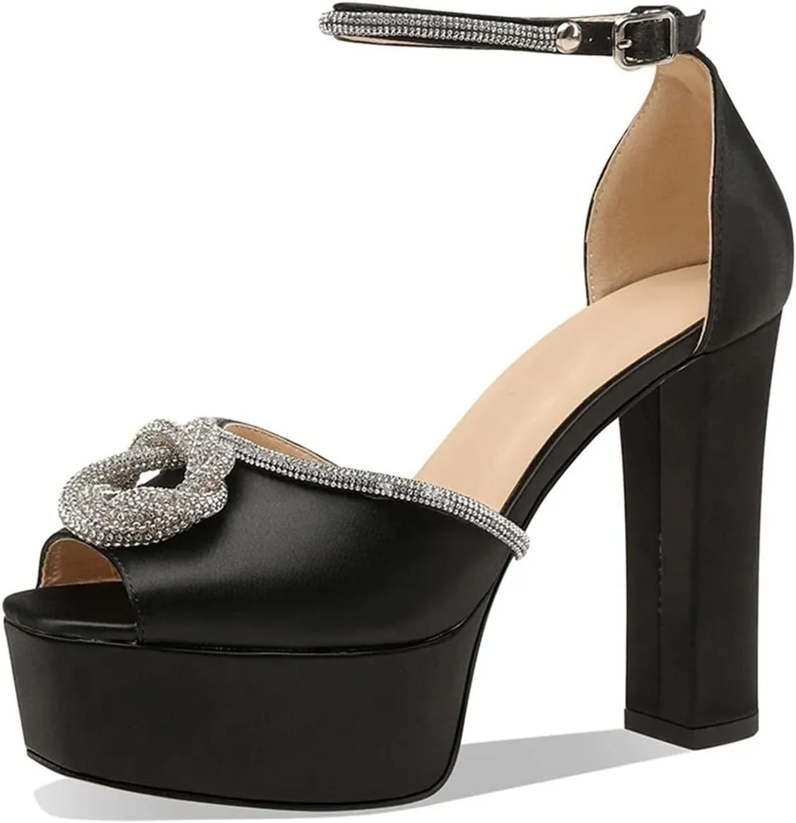 Women's Rhinestone Sandals - Shiny Square Heel Ankle Strap Stage Shoes