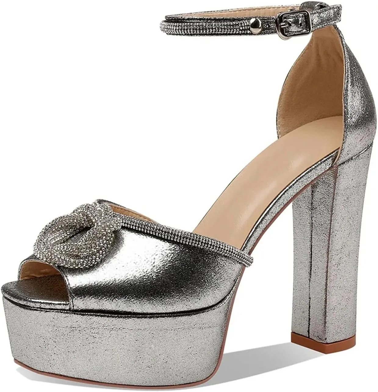 Women's Rhinestone Sandals - Shiny Square Heel Ankle Strap Stage Shoes