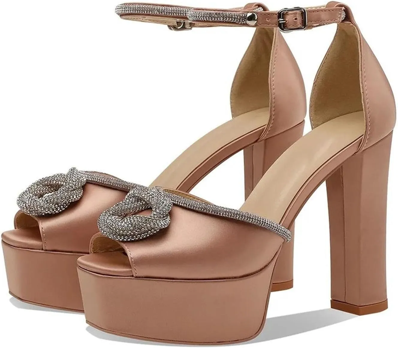 Women's Rhinestone Sandals - Shiny Square Heel Ankle Strap Stage Shoes