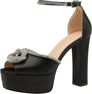 Women's Rhinestone Sandals - Shiny Square Heel Ankle Strap Stage Shoes