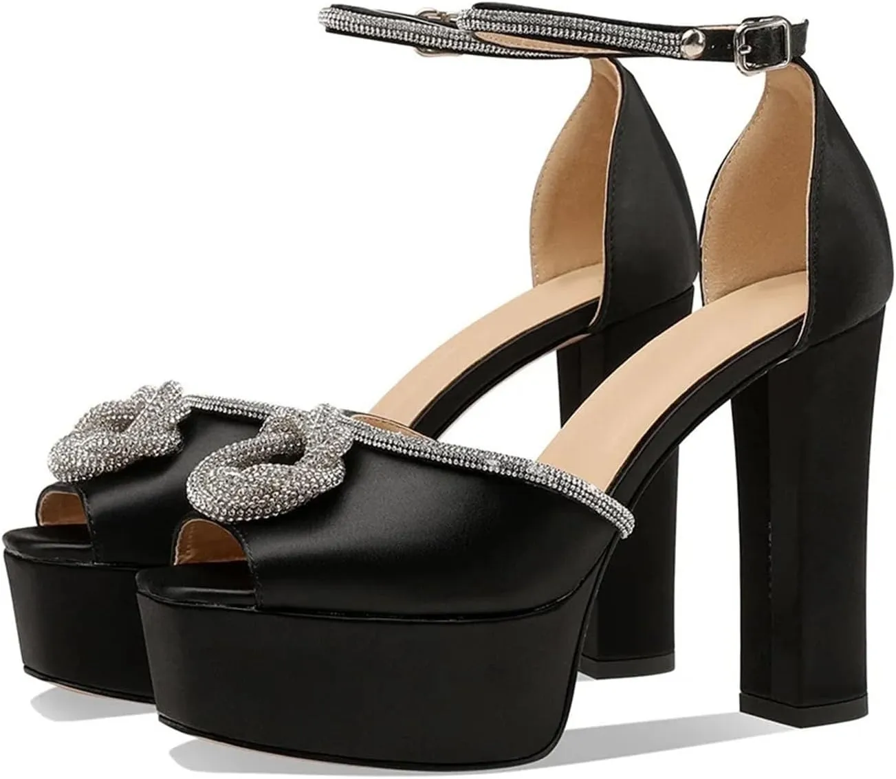 Women's Rhinestone Sandals - Shiny Square Heel Ankle Strap Stage Shoes