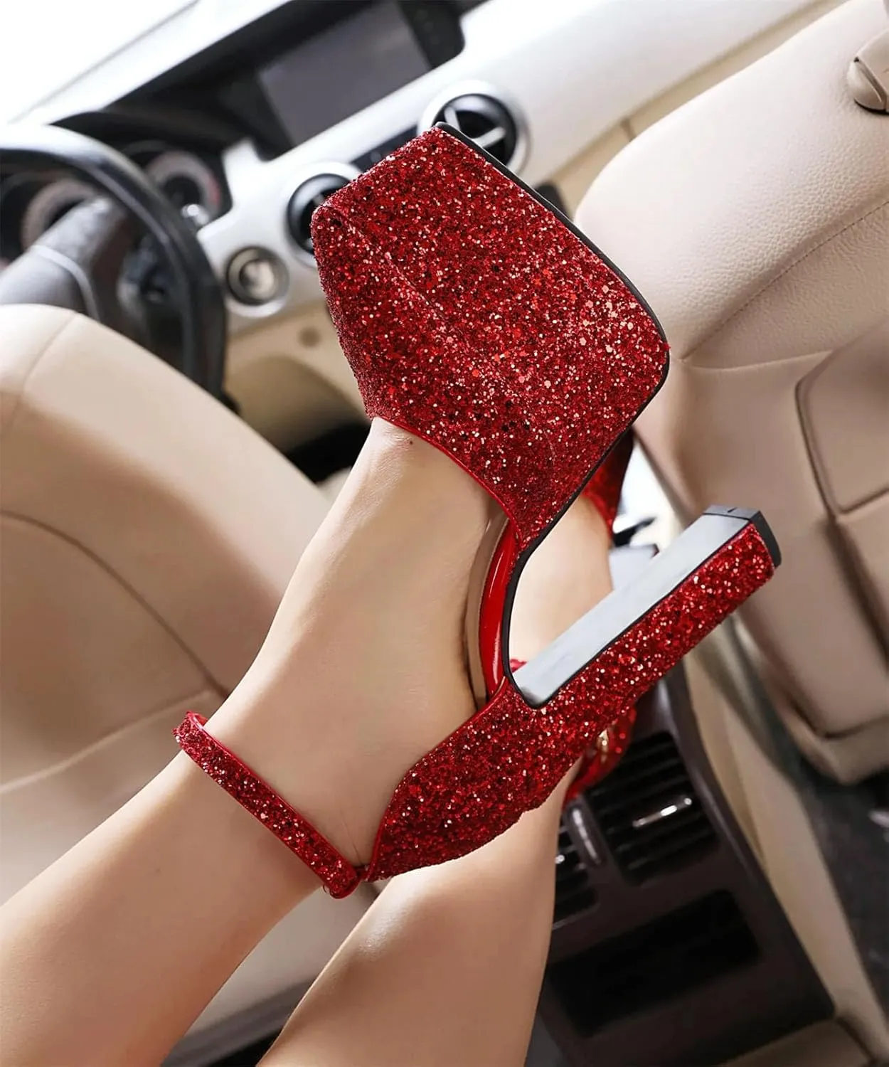 Women's Sequined Red Sandals - Luxury Ankle Buckle Wedding Platforms