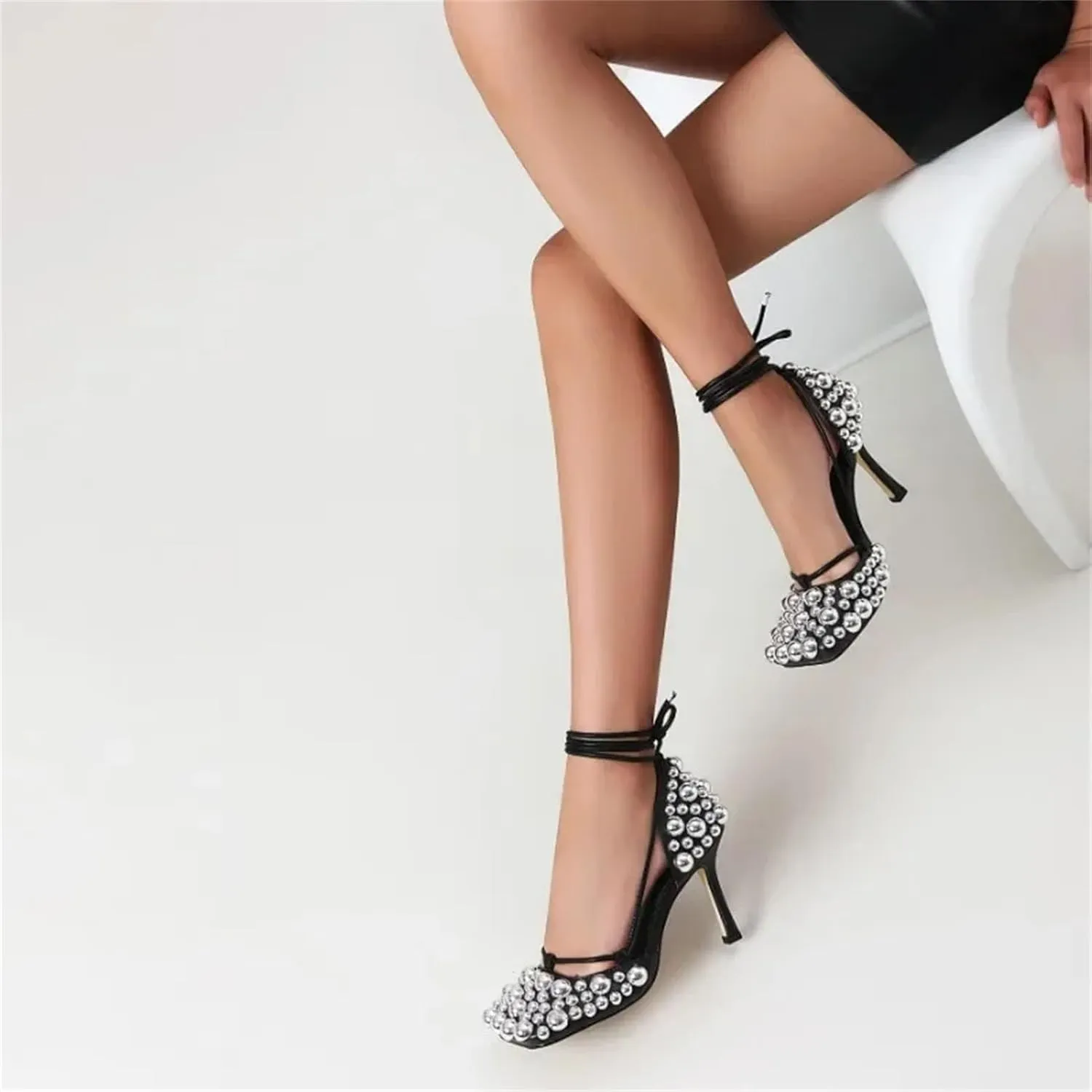 Women's Square Head Sandals - Diamond Hollow Banquet Stilettos
